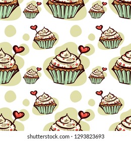 Seamless Pattern With Cupcake With Heart. Cute vector illustration.