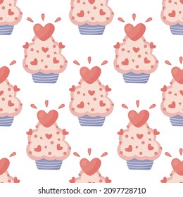 seamless pattern cupcake with heart on white background hand drawing