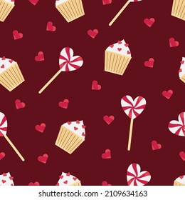 Seamless pattern with cupcake and heart shaped lollipop. Valentines day. Flat vector illustration