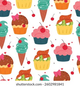seamless pattern cupcake and ice cream. cute sweet dessert pattern for wallpaper, background and gift wrap paper