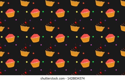 Seamless pattern with cupcake isolated on black background. It can be used for packaging, wrapping paper, textile and etc.