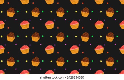 Seamless pattern with cupcake isolated on black background. It can be used for packaging, wrapping paper, textile and etc.