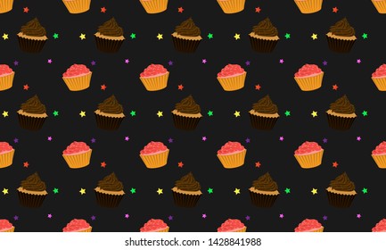 Seamless pattern with cupcake isolated on black background. It can be used for packaging, wrapping paper, textile and etc.