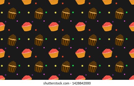 Seamless pattern with cupcake isolated on black background. It can be used for packaging, wrapping paper, textile and etc.