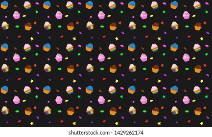 Seamless pattern with cupcake isolated on black background. It can be used for packaging, wrapping paper, textile and etc.