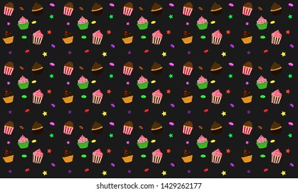 Seamless pattern with cupcake isolated on black background. It can be used for packaging, wrapping paper, textile and etc.