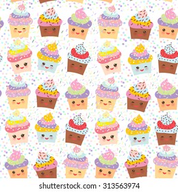Seamless pattern Cupcake Kawaii funny muzzle with pink cheeks and winking eyes, pastel colors on white background. Vector