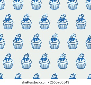 Padrão contínuo de cupcake. Linhagem, tinta, estilo minimalista. Ilustração vetorial. Coleção de alimentos.