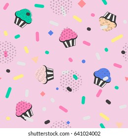 seamless pattern with cupcake in memphis style, customizable background color