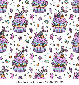 Seamless pattern with cupcake with mermaid tail, and with pearl, shell, coral, starfish. It can be used for packaging, wrapping paper, textile and etc.