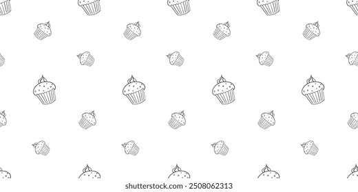 Seamless pattern with cupcake or muffin with frosting on top hand drawn doodle outline vector