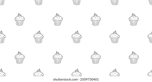 Nahtloses Muster mit Cupcake oder Muffin mit Frosting auf der Oberseite handgezeichnete Doodle Umrissvektor