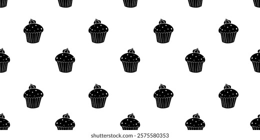 Seamless pattern with cupcake or muffin with frosting on top silhouette vector