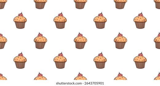 Seamless pattern with cupcake or muffin with frosting on top doodle vector