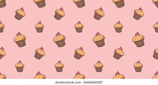 Patrón sin fisuras con cupcake o muffin con glaseado en el Vector doodle superior