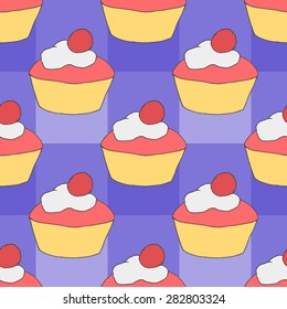 Seamless pattern: cupcake on blue checkered background