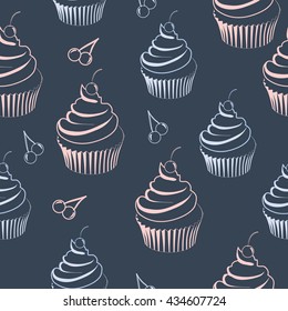 seamless pattern with cupcake in pastel colors on dark blue background
