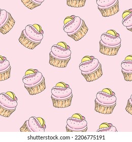 Seamless pattern with cupcake with pink cream and lemon мacaroon on gentle pink background