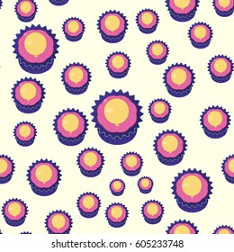 Seamless Pattern Cupcake Pink and Purple with Yellow Balloon. Vector Illustration Backdrop Design for Birthday, Children Party, Baby Shower, Wedding, Wallpapers, Wrapping