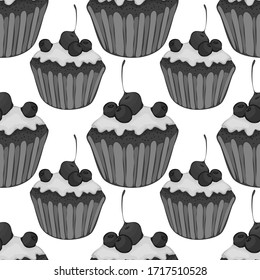 seamless pattern, cupcake, sweets, cake piece, in monochrome gray, wallpaper and fabric ornament, wrapping paper, background