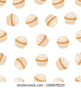 Seamless pattern of cupcake with white buttercream frosting and confetti.
