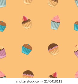 Nahtlose Muster von Cupcakes. Hintergrund für Geburtstagskuppchen-Vektorgrafik.