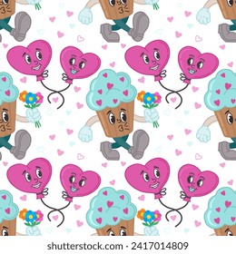Seamless pattern with cupcakes and balloons in the form of hearts. Cartoon characters in retro style of the 50s, 60s. Vector illustration for Valentine's Day. Characters in love.