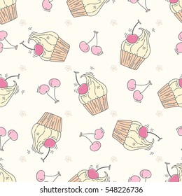 Seamless pattern with cupcakes and berries in doodle style