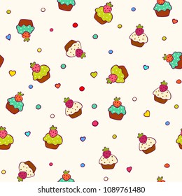 Seamless pattern with cupcakes and berries. Sweet food vector background. Vector texture for textile, wrapping, wallpapers and other surfaces.