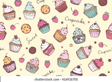 Seamless pattern with cupcakes, biscuits and berries