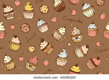 Seamless pattern with cupcakes, biscuits and berries