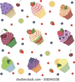 Seamless pattern with cupcakes, biscuits and berries. Vector illustration.
