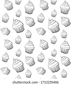 Seamless pattern with cupcakes. Black and white cupcakes texture for menu, wallpapers, covers, greeting cards, wrapping papaer and web.