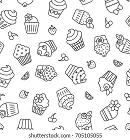 Seamless pattern with cupcakes, black and white icons