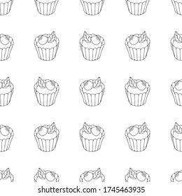 Nahtloses Muster mit Kuchen und Heidelbeeren. Handgezeichnete Zeichnung. Schwarzes Konturbild auf weißem Hintergrund. Vector-Abbildung. Das Design für die Abdeckung von Notebooks, Packpapier, Textilien.