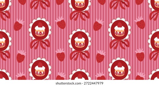 O padrão perfeito de Valentine com cupcakes, arcos e corações em listras cor-de-rosa. Fundo romântico doce para papel de embrulho, cartões de saudação, convites, têxteis, embalagens e papéis de parede. em fevereiro.