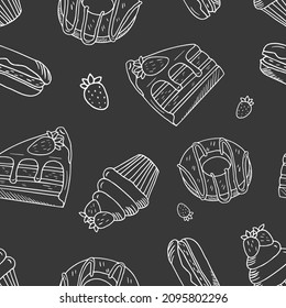Seamless pattern of cupcakes, cake slices, donuts and macaroni cakes. Black and white style without background, with graphite backing. Hand drawing and doodle style
