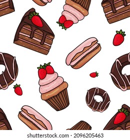 Nahtlose Muster von Cupcakes, Kuchenscheiben, Donuts und Makaronkuchen. Ohne Hintergrund. Juicy Vektorgrafik im Stil von handgezeichnet und doodle