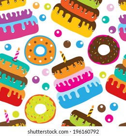 Nahtloses Muster mit Cupcakes, Kuchen mit Kerze und Donuts. Gut geeignet für Geburtstagshintergrund oder Kartendesign