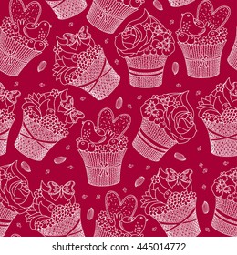 Seamless pattern of cupcakes or cakes decorated confectionery mastic of flowers - roses, pansies and forget-me-cookies, berries, birds and butterflies. Color, purple, cardamom, cloves, raspberry.