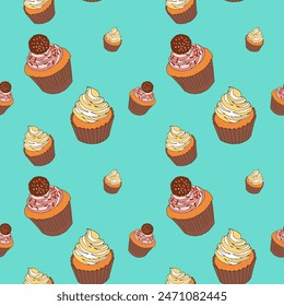 seamless pattern of cupcakes and cakes on a mint background