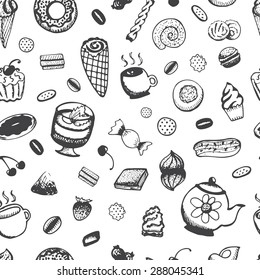 Seamless pattern with cupcakes, cakes and tea. Vector background with sweets. Hand drawn illustration.