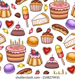 Seamless pattern with cupcakes and candies on a white background. Hand drawn vector illustration