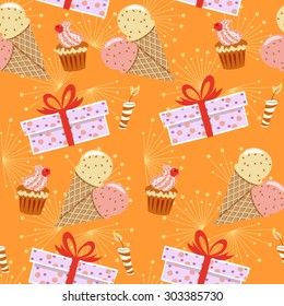 Seamless pattern with cupcakes and candles and ice cream and gift boxes