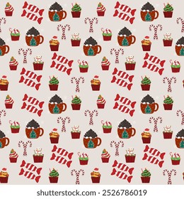 A seamless pattern of cupcakes, candy canes, and mugs with a Christmas theme. The cupcakes are decorated with frosting and sprinkles, and the candy canes are red and white