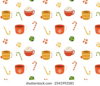 Seamless pattern with cupcakes, candy caneshmallows and lollipops. Vector illustration.