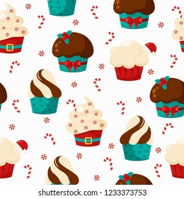 Seamless pattern with cupcakes and candy. Christmas and New Year cupcakes. Vector illustration