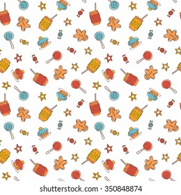Seamless Pattern with cupcakes, candy, sweets, cookies coffee or tea icons. Vector Illustration, design for cafe wallpapers, menu, textile
