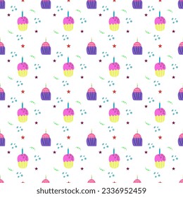 Seamless pattern cupcakes cartoon on white background for wallpaper, fabric, clothing,backdrop,texture, wrapping paper, notebook cover ,curtain,pillow case and stationary.