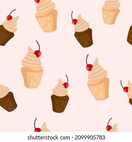 
Seamless pattern with cupcakes with cherries.